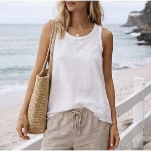 J jill  White Linen Blend Tank Top Womens Size Medium Raw Hem Sleeveless Casual
